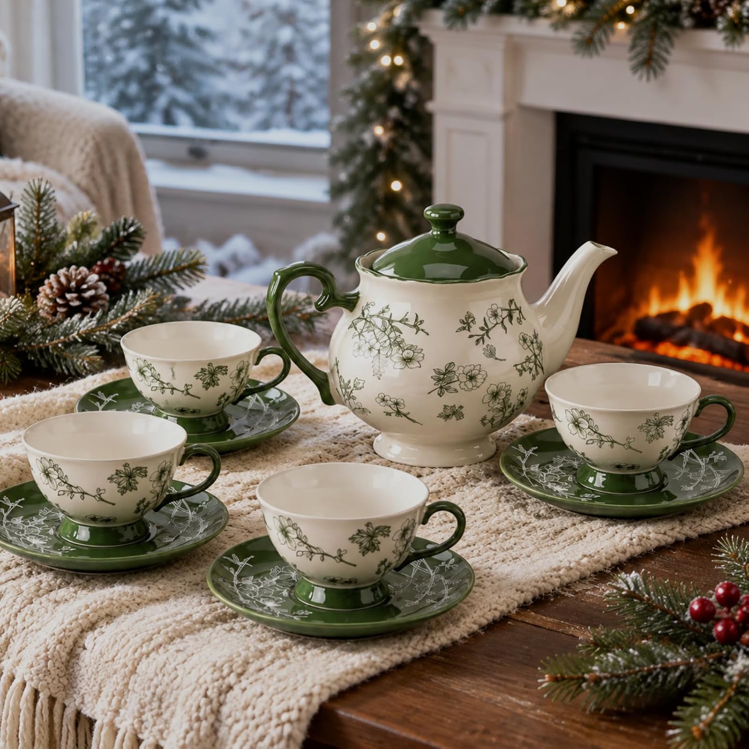 Vintage Collectible Spoons - 13-Piece Vintage Green Floral Porcelain Tea